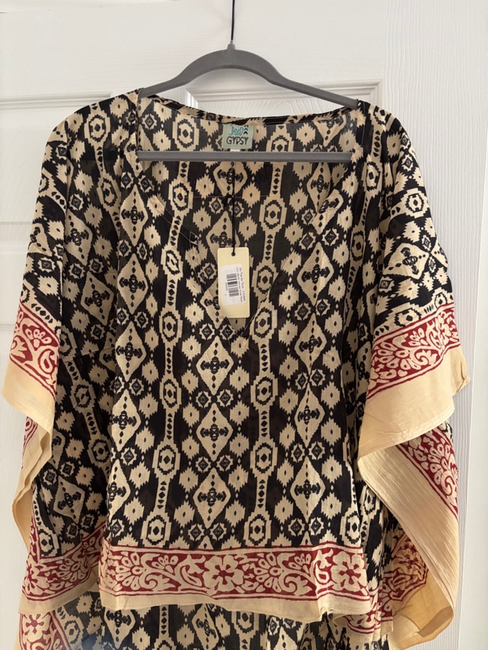 Black and Cream Printed Boho Kimono with Red Trim - Picture 2 of 6
